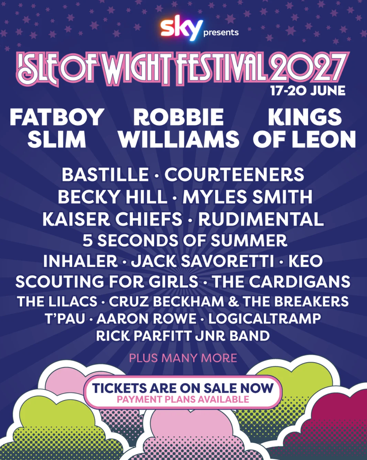Isle of Wight Festival 2027 poster featuring headliners Fatboy Slim, Robbie Williams, and Kings of Leon.